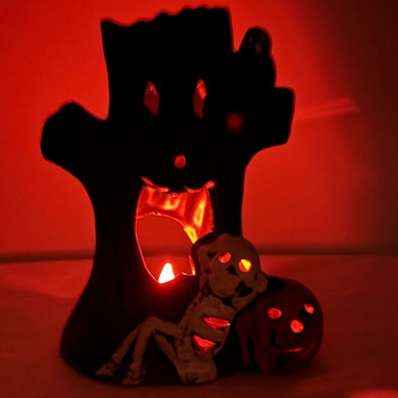 Vintage Halloween Haunted Tree Candle Holder With Skeleton Pumpkin 6.5" Tall - Picture 2 of 16